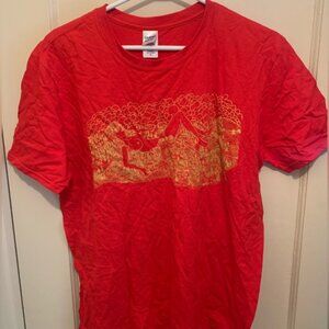 Rare limited Print Silkscreened Red Graphic T-Shirt W/ Gold Ink 100% Cotton SZ L
